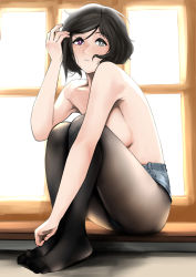 Rule 34 | 1girl, absurdres, adjusting hair, arm up, black hair, black pantyhose, blush, breasts, commentary request, denim, denim shorts, feet, fukuzawa yumi, grey eyes, heterochromia, highres, indoors, knees up, looking at viewer, medium breasts, mole, mole above eye, mole under eye, mole under mouth, no shoes, original, pantyhose, parted lips, pupi (rain prophet), purple eyes, short hair, short shorts, shorts, sitting, solo, topless