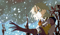 Rule 34 | 1boy, absurdres, albedo (genshin impact), black gloves, blonde hair, blue eyes, blurry, blurry background, closed mouth, commentary request, elbow gloves, from side, genshin impact, gloves, hand up, highres, jacket, looking away, male focus, medium hair, short ponytail, snow, snowing, solo, upper body, white jacket, yumu1059