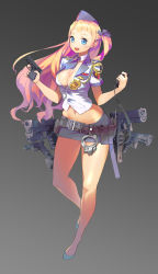 Rule 34 | 1girl, absurdres, belt, blue eyes, breasts, cleavage, cuffs, curvy, drum magazine, extended magazine, full body, glock, gun, handcuffs, handgun, highres, jin woo park, laser sight, long hair, magazine (weapon), medium breasts, miniskirt, open mouth, police, police badge, police uniform, policewoman, skirt, solo, standing, tactical light, uniform, weapon, wide hips