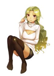 Rule 34 | 1girl, blonde hair, breasts, cleavage cutout, clothing cutout, twirling hair, large breasts, looking at viewer, meme attire, open-chest sweater, rai32019, red eyes, ribbed sweater, short shorts, shorts, smile, solo, sweater, thighhighs, turtleneck, wavy hair, white background