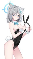 Rule 34 | 1girl, animal ear fluff, animal ears, black leotard, blue archive, bow, bowtie, breasts, cleavage, covered navel, cross hair ornament, detached collar, extra ears, fake animal ears, fake tail, hair ornament, halo, highleg, highleg leotard, highres, large breasts, leotard, mismatched pupils, nannung, playboy bunny, rabbit ears, rabbit tail, shiroko (blue archive), simple background, solo, strapless, strapless leotard, tail, traditional bowtie, wolf ears, wrist cuffs