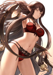 Rule 34 | 1girl, armpits, bra, breasts, brown hair, cleavage, collarbone, commentary request, detached collar, fate/apocrypha, fate/grand order, fate (series), gradient background, hair between eyes, hair ornament, hand in own hair, highres, hip focus, large breasts, lingerie, long hair, looking at viewer, mashuu (neko no oyashiro), navel, panties, pointy ears, red bra, red panties, ribbon, semiramis (fate), serious, sidelocks, signature, slit pupils, solo, spikes, thighs, underwear, underwear only, very long hair, yellow eyes