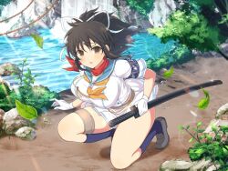 Rule 34 | 1girl, alternate weapon, armband, ascot, asuka (senran kagura), belt, black hair, blue armband, blue socks, blush, bouncing breasts, breasts, brown belt, brown eyes, brown footwear, bush, buttons, double-breasted, falling leaves, forest, grass, hair ribbon, hanzou academy uniform, holding, holding sheath, holding sword, holding weapon, katana, large breasts, leaf, lens flare, light particles, loafers, looking at viewer, miniskirt, nature, official art, on one knee, open mouth, orange ascot, outdoors, path, plant, pleated skirt, ponytail, red scarf, ribbon, river, road, rock, rope, scabbard, scarf, school emblem, senran kagura, senran kagura new link, senran kagura shoujo-tachi no shin&#039;ei, sheath, sheathed, shirt, shoes, short hair, short ponytail, skirt, socks, solo, sparkle, sword, thigh strap, tree, tsuba (guard), tsuka-ito, unaligned breasts, water, water drop, waterfall, weapon, white ribbon, white shirt, white skirt, yaegashi nan