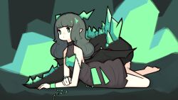 Rule 34 | 1girl, barefoot, black dress, black wings, chain, closed mouth, commentary, crystal, cuffs, dress, english commentary, flat chest, full body, green eyes, green horns, grey hair, highres, horns, illie the emerald dragon, lizard tail, long hair, looking at viewer, low wings, lying, material growth, medium bangs, mino dev, on stomach, pointy ears, rabbit and steel, sleeveless, sleeveless dress, solo, tail, v-shaped eyebrows, wings