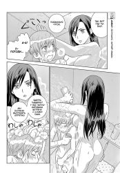 Rule 34 | 1boy, 1girl, age difference, amputee, black hair, breasts, deep insanity, highres, long hair, missing limb, monochrome, nude, panels, shower