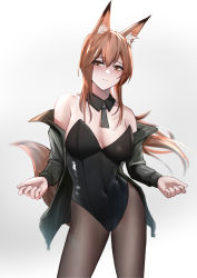 Rule 34 | 1girl, animal ear fluff, animal ears, arknights, bare shoulders, black leotard, black necktie, black pantyhose, blush, breasts, brown eyes, brown hair, closed mouth, commentary, commentary request, contrapposto, covered navel, cowboy shot, detached collar, english commentary, fox ears, fox tail, franka (arknights), green background, green jacket, highres, jacket, krirk, leotard, long hair, long sleeves, looking at viewer, medium breasts, necktie, off shoulder, pantyhose, simple background, solo, standing, strapless, strapless leotard, tail, white background