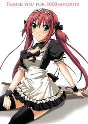 Rule 34 | 1girl, airi (queen&#039;s blade), airi (the infernal temptress), apron, black bow, black dress, black ribbon, black thighhighs, blue eyes, bow, bowtie, breasts, cleavage, collar, commentary request, detached collar, dress, frilled dress, frilled sleeves, frills, hair ribbon, highres, large breasts, long hair, looking at viewer, maid, maid apron, maid headdress, medium breasts, puffy short sleeves, puffy sleeves, queen&#039;s blade, red hair, ribbon, sash, shadow, shinjitsu (true ride), short sleeves, sidelocks, sitting, smile, solo, thank you, thighhighs, twintails, two side up, waist apron, white apron, white sash, wrist cuffs