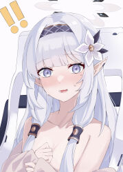 Rule 34 | !, !!, 1girl, absurdres, bare shoulders, blue archive, blue eyes, blush, breasts, cardigan, collarbone, commentary request, covering privates, covering breasts, ear piercing, feza chen (ushaku), flower, grey hair, hair flower, hair ornament, hair tubes, halo, highres, himari (blue archive), long hair, looking at viewer, mole, mole under eye, nose blush, off shoulder, open cardigan, open clothes, open mouth, partial commentary, piercing, pointy ears, small breasts, smile, solo, surprised, sweatdrop, topless, upper body, very long hair, wheelchair