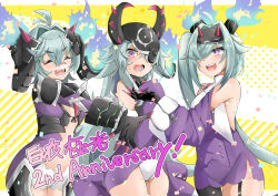 Rule 34 | 3girls, absurdres, ahoge, alchemy stars, averting eyes, bandaid, bandaid on face, bandaid on nose, blush, breasts, claws, closed eyes, collar, confetti, detached sleeves, embarrassed, english text, eyebrows hidden by hair, fake horns, feet out of frame, fire, frimet (alchemy stars), garter belt, gauntlets, green hair, hair between eyes, hair over one eye, helmet, highres, horned helmet, horns, leotard, long hair, looking at another, lower teeth only, merylt (alchemy stars), metal collar, multiple girls, namomihagi010, navel, ponytail, purple eyes, purple shirt, shirt, short hair, shorts, shoulder pads, side ponytail, side slit, simple background, single leg pantyhose, small breasts, smile, stomach, subli (alchemy stars), sweatdrop, teeth, upper teeth only, very long hair, white leotard, white shorts, wide sleeves