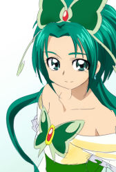 Rule 34 | 00s, 1girl, akimoto komachi, bare shoulders, butterfly hair ornament, collarbone, cure mint, earrings, eyelashes, frilled sleeves, frills, gradient background, green eyes, green hair, green theme, hair ornament, jewelry, long hair, looking at viewer, magical girl, matching hair/eyes, oimanji, precure, sketch, smile, solo, yes! precure 5, yes! precure 5 gogo!