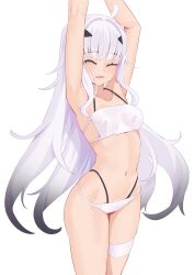 Rule 34 | 1girl, ahoge, armpits, arms up, bare shoulders, bikini, collarbone, commentary request, melusine (fate), fang, fate/grand order, fate (series), hair intakes, hair ornament, hairclip, half-closed eye, highleg, highleg bikini, highres, jilu, layered bikini, long hair, looking at viewer, navel, one eye closed, open mouth, simple background, solo, standing, swimsuit, very long hair, white background, white bikini, white hair