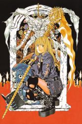 Rule 34 | 1girl, absurdres, amane misa, blonde hair, book, boots, candle, death note, fingerless gloves, fishnet pantyhose, fishnets, gelus, gloves, goth fashion, green eyes, highres, holding, jealous (death note), long hair, obata takeshi, official art, pantyhose, punk, punk goth, rem (death note), scan, scythe, shinigami, thighhighs, twintails, two side up