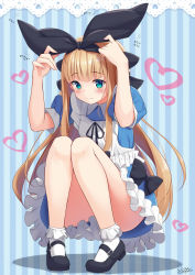 Rule 34 | 1girl, 3:, adjusting clothes, adjusting headwear, arms up, black footwear, blonde hair, blue background, blue eyes, blush, bow, commentary request, convenient leg, dress, fingernails, frilled dress, frills, full body, hairband, heart, highres, knees together feet apart, long fingernails, long hair, looking at viewer, mary janes, mirea, mononobe alice, mononobe alice (1st costume), motion lines, nijisanji, puffy short sleeves, puffy sleeves, shoes, short sleeves, signature, socks, solo, squatting, striped, striped background, very long hair, virtual youtuber, white socks