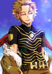Rule 34 | 1boy, belt, blonde hair, boku no hero academia, commentary request, facial hair, feathered wings, fur collar, fur trim, hawks (boku no hero academia), highres, male focus, open mouth, parka, red wings, short hair, smile, spiked hair, stubble, upper body, wings, yococco