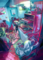 Rule 34 | 1girl, black hair, blue eyes, blue theme, bra, dutch angle, fluorescent lamp, highres, indian style, indoors, kitchen, crossed legs, lingerie, original, panties, pantyshot, perspective, pink theme, realistic, room, scenery, side ponytail, sitting, skirt, solo, squatting, underwear, upskirt, zain