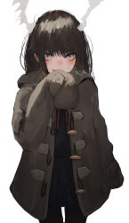Rule 34 | 1girl, @ @, absurdres, black hair, blush, covering own mouth, highres, jacket, long hair, mole, mole under eye, original, pikuson, school uniform, sleeves past fingers, sleeves past wrists, smoke, solo, white background
