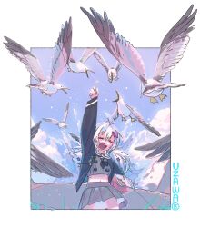 Rule 34 | 1girl, ahoge, arm up, backpack, bag, bird, black jacket, black neckerchief, blue archive, blue hair, blue sky, border, closed eyes, cloud, day, feet out of frame, grey shirt, grey skirt, hair ornament, highres, jacket, light blue hair, long sleeves, multicolored hair, neckerchief, no halo, open mouth, outdoors, outside border, pararilla, pink bag, pink hair, pleated skirt, pointing, pointing up, reisa (blue archive), sailor collar, seagull, shirt, skirt, sky, solo, star (symbol), star hair ornament, twintails, white border, white hair
