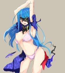 Rule 34 | 1girl, arms up, bad id, bad pixiv id, blindfold, blue hair, blush, bra, breasts, highres, large breasts, long hair, looking at viewer, mafuyu no mo, navel, nipples, ole tower, one eye covered, open mouth, panties, pink bra, pink panties, red eyes, saliva, simple background, sketch, solo, spanner (ole tower), spanner m36 (ole tower), tongue, torn bra, torn clothes, underwear