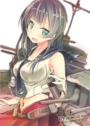 Rule 34 | 10s, 1girl, agano (kancolle), black hair, blue eyes, breasts, gloves, highres, kantai collection, large breasts, long hair, n:go, sailor collar, smile, solo, turret