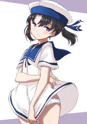 Rule 34 | 1girl, black hair, blue collar, blue sailor collar, collar, commentary request, cowboy shot, dress, fuji (pixiv24804665), hat, highres, kantai collection, looking at viewer, panties, purple eyes, sailor collar, sailor dress, sailor hat, short hair, short sleeves, shounan (kancolle), smile, solo, twintails, underwear, white dress, white hat, white panties