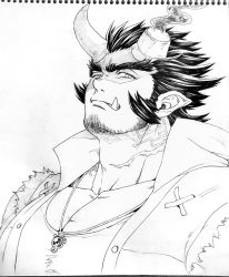 Rule 34 | 1boy, bara, beard, broken horn, demon boy, demon horns, facial hair, fang, fiery horns, glaring, greyscale, head tilt, highres, horns, jewelry, large pectorals, long sideburns, looking at viewer, male focus, mature male, momo (redcomet1104), monochrome, muscular, muscular male, necklace, pectoral cleavage, pectorals, portrait, scar, scar on neck, shirt, short hair, sideburns, solo, stubble, takemaru (housamo), thick eyebrows, tokyo houkago summoners, torn clothes, torn shirt, traditional media
