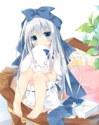 Rule 34 | 1girl, barefoot, bloomers, blue bow, blue eyes, blue ribbon, blush, bow, commentary request, covered mouth, flower, frilled pillow, frills, hair between eyes, hair bow, head tilt, highres, kushida you, leaf, long hair, hugging object, original, pillow, ribbon, silver hair, sitting, solo, stuffed animal, stuffed rabbit, stuffed toy, underwear, very long hair, white background, white bloomers, white flower