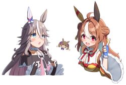 Rule 34 | 3girls, ahoge, breasts, bridal gauntlets, brown hair, chibi, cleavage, clenched hands, copano rickey (umamusume), detached sleeves, double bun, dress, ear covers, gradient eyes, hair bun, hair ornament, highres, long hair, looking at viewer, medium breasts, multicolored eyes, multicolored hair, multiple girls, pink dress, pointing, pointing up, px-tea, red eyes, simple background, smart falcon (umamusume), streaked hair, thick eyebrows, twintails, umamusume, upper body, white background, white hair, wonder acute (umamusume), yellow dress, yellow eyes
