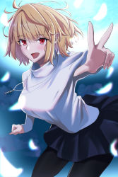 Rule 34 | 1girl, :d, absurdres, arcueid brunestud, bad id, bad pixiv id, black pantyhose, blonde hair, blue skirt, blush, breasts, contrapposto, cowboy shot, dark, hair between eyes, hand up, highres, huge moon, jewelry, koujiro (kouziro 1), looking at viewer, miniskirt, moon, moonlight, necklace, night, open mouth, outdoors, outstretched hand, pantyhose, pleated skirt, red eyes, short hair, skirt, slit pupils, smile, solo, standing, sweater, tsukihime, tsukihime (remake), turtleneck, turtleneck sweater, w, white sweater