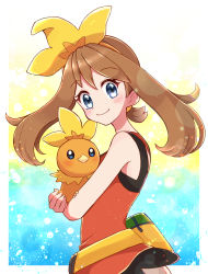 Rule 34 | 1girl, armpits, bag, bare shoulders, bike shorts, black shorts, blue eyes, bow, breasts, brown hair, child, clenched hands, collarbone, cosplay, creatures (company), eyelashes, fanny pack, female focus, fingernails, from side, game freak, gen 3 pokemon, gen 6 pokemon, gradient background, hair bow, hair ribbon, happy, haru (haruxxe), highres, holding, holding pokemon, hug, looking at viewer, looking to the side, may (pokemon oras), medium hair, neck, nintendo, pokemon, pokemon (creature), pokemon oras, red shirt, ribbon, shiny clothes, shiny skin, shirt, short ponytail, short shorts, shorts, side bangs, sidelocks, size difference, skin tight, sleeveless, sleeveless shirt, small breasts, smile, standing, torchic, torchic (cosplay), turning head, two-tone bow, two-tone ribbon, wristband