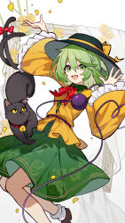 Rule 34 | 1girl, :d, absurdres, bell, black cat, black footwear, black hat, blouse, bow, bowtie, buttons, cat, collared shirt, commentary, diamond button, empty picture frame, floral print, flower, foot out of frame, frilled sleeves, frills, green eyes, green hair, green skirt, hair between eyes, hanamoto410, hands up, hat, hat bow, highres, jingle bell, kaenbyou rin, kaenbyou rin (cat), komeiji koishi, long sleeves, looking at viewer, open mouth, picture frame, red bow, red bowtie, rose, rose print, shirt, shoes, short hair, skirt, smile, socks, solo, tail, tail bow, tail ornament, third eye, thorns, touhou, white socks, wide sleeves, yellow bow, yellow flower, yellow rose, yellow shirt