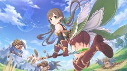 Rule 34 | 1girl, ayumi (princess connect!), blue sky, boots, brown hair, gloves, green eyes, holding, holding polearm, holding weapon, looking at viewer, looking back, monster, official art, outdoors, polearm, princess connect!, sky, spear, weapon