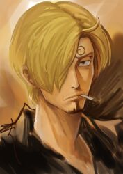 Rule 34 | 1boy, absurdres, blonde hair, cigarette, curly eyebrows, facial hair, hair over one eye, highres, male focus, mouth hold, one piece, rita ya, sanji (one piece), shirt, solo