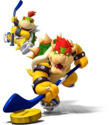 Rule 34 | 3d, absurdres, armlet, black eyes, bowser, bowser jr., coin, father and son, full body, highres, hockey stick, ice skates, leg up, mario (series), mario sports mix, midair, nintendo, no humans, official art, open mouth, playing sports, red eyes, red hair, skates, spiked armlet, spikes, transparent background, white background