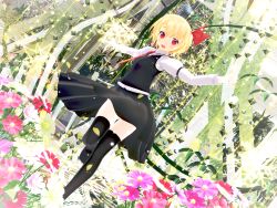 Rule 34 | 1girl, 3d, blonde hair, blush stickers, dutch angle, fang, flower, hair ribbon, happy, highres, kurogoma (meganegurasan), leaf, light particles, looking at viewer, magic, mikumikudance (medium), necktie, open mouth, outstretched arms, plant, red eyes, ribbon, rumia, short hair, skirt, solo, spinning, standing, standing on one leg, statue, thighhighs, touhou