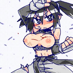 Rule 34 | 1girl, black eyes, black hair, blood, blood on breasts, blush, breasts, cannsk, commentary request, crop top, cuts, detached sleeves, fighting stance, fingerless gloves, frown, gloves, grey gloves, grey pants, injury, kurogane arumi, large breasts, linea alba, lowres, midriff, mma gloves, navel, nipples, oekaki, original, pants, sleeveless, sleeveless turtleneck, solo, sweat, torn clothes, torn pants, turtleneck, twintails, v-shaped eyebrows