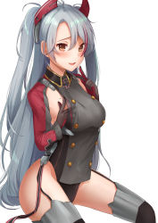 Rule 34 | 1girl, antenna hair, armpit cutout, azur lane, black panties, blush, breasts, brown eyes, clothing cutout, cross, garter straps, groin, hair between eyes, hand on own chest, hand up, headgear, highres, index finger raised, iron cross, kelly 0w0, large breasts, long hair, looking at viewer, mole, mole on breast, multicolored hair, open mouth, panties, prinz eugen (azur lane), red hair, silver hair, simple background, sitting, smile, solo, streaked hair, thighhighs, thighs, two side up, underwear, very long hair, white background