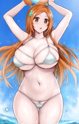 Rule 34 | 1girl, arms up, ball, beachball, bikini, bleach, bleach: sennen kessen-hen, blue sky, breasts, brown eyes, brown hair, collarbone, commentary request, gluteal fold, hair ornament, hairpin, highres, holding, holding ball, holding beachball, huge breasts, inoue orihime, looking at viewer, multi-strapped bikini top, navel, ocean, official alternate costume, open mouth, parted bangs, partially submerged, r-binon, silver bikini, sky, solo, string bikini, swimsuit, thigh gap, wading, wet