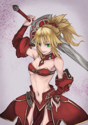 Rule 34 | 1girl, absurdres, arm up, armor, blonde hair, bra, braid, breasts, clarent (fate), cleavage, crown braid, detached sleeves, fate/apocrypha, fate (series), faulds, green eyes, grey background, grin, hair ornament, hair scrunchie, hand on own hip, highres, holding, holding sword, holding weapon, long hair, long sleeves, looking at viewer, medium breasts, mordred (fate), mordred (fate/apocrypha), navel, ponytail, red bra, red legwear, red scrunchie, red sleeves, scrunchie, shiny skin, simple background, smile, solo, standing, strapless, strapless bra, swimsuit, sword, underboob, underwear, weapon, yasu (segawahiroyasu)