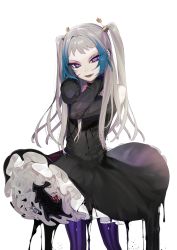 Rule 34 | 1boy, absurdres, bad id, bad pixiv id, bare shoulders, black dress, blue hair, cowboy shot, detached sleeves, die (ohisashiburi), dress, earrings, eyeshadow, gothic lolita, grey hair, hair intakes, hands up, highres, jewelry, lolita fashion, long hair, long sleeves, looking at viewer, makeup, male focus, ohisashiburi, original, pantyhose, parted lips, purple eyes, purple pantyhose, simple background, slime (substance), smile, solo, standing, striped clothes, striped pantyhose, trap, twintails, two side up, vertical-striped clothes, vertical-striped pantyhose, white background