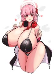 Rule 34 | 1girl, absurdres, bikini, black bikini, black jacket, blush, breasts, chair, cowboy shot, dot nose, female focus, halo, headphones, highres, huge breasts, jacket, leaning forward, long hair, looking at viewer, looking back, matching hair/eyes, open mouth, pink eyes, pink hair, red pupils, shiny skin, skeletons62, solo, standing, swimsuit, thick thighs, thighs, w arms, white background, wide hips, wide sleeves, zipper, zipper bikini