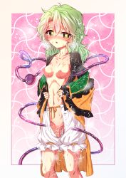 Rule 34 | 1girl, black shirt, bloomers, blouse, blush, breasts, collarbone, crotchless, crotchless bloomers, gluteal fold, green eyes, green hair, half-closed eyes, heavy breathing, highres, komeiji koishi, navel, nipples, no bra, no panties, nomayo, nose blush, off shoulder, open clothes, pussy, pussy juice, shirt, small breasts, solo, sweat, third eye, touhou, unbuttoned, undershirt, underwear, undressing, wavy hair, wet, wet clothes, yellow shirt