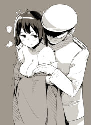 Rule 34 | 1boy, 1girl, admiral (kancolle), blush, breasts, cleavage, closed mouth, covering privates, facial hair, greyscale, hair ribbon, hat, japanese clothes, kantai collection, kimono, large breasts, long sleeves, makio (makiomeigenbot), monochrome, off shoulder, ribbon, short twintails, simple background, souryuu (kancolle), sweat, twintails, wide sleeves