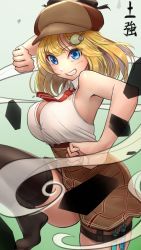 Rule 34 | 1girl, adapted costume, blonde hair, blue eyes, breasts, deerstalker, detective, gradient background, hair ornament, hat, highres, hololive, hololive english, holomyth, kneehighs, looking at viewer, medium breasts, necktie, short necktie, skirt, sleeveless, smoke, socks, solo, somebody (leiking00), syringe holster, thigh strap, thighhighs, thighs, virtual youtuber, watson amelia