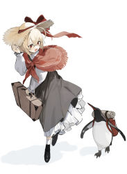 Rule 34 | 1girl, absurdres, animal, bag, bird, black footwear, boots, bow, collar, dress, grey dress, hair between eyes, hand on headwear, hand up, hat, hat bow, highres, long sleeves, looking at another, open mouth, penguin, red bow, red eyes, red scarf, rumia, scarf, sh (shinh), shadow, shirt, short hair, simple background, smile, socks, solo, touhou, walking, white background, white collar, white shirt, white socks, yellow hat