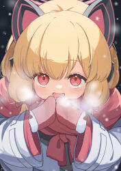 Rule 34 | 1girl, absurdres, animal ear headphones, animal ears, blonde hair, blue archive, blush, bow, breath, capo7585, cat ear headphones, coat, fake animal ears, fur-trimmed mittens, fur trim, hair bow, halo, hands up, headphones, highres, looking at viewer, low-tied sidelocks, mittens, momoi (blue archive), night, open mouth, parka, pink eyes, pink halo, pink mittens, red bow, red scarf, scarf, short hair, smile, snowflakes, snowing, solo, white coat, winter