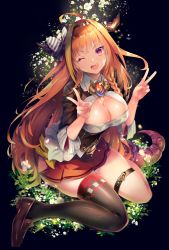 Rule 34 | 1girl, ;d, black background, black thighhighs, blonde hair, blunt bangs, braid, breasts, brown footwear, cang qi lu, commentary request, double v, dragon horns, dragon tail, fang, flower, full body, grass, highres, hololive, horns, kiryu coco, kiryu coco (1st costume), large breasts, loafers, long hair, looking at viewer, multicolored eyes, multicolored hair, one eye closed, open mouth, orange hair, pleated skirt, red skirt, shoes, single thighhigh, sitting, skirt, smile, solo, streaked hair, tail, thigh strap, thighhighs, v, v-shaped eyebrows, very long hair, virtual youtuber, wariza
