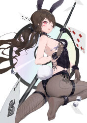 Rule 34 | 1girl, absurdres, ace (playing card), ace of spades, animal ears, ankle belt, ass, bare back, belt collar, black gloves, black leotard, blush, bodhi wushushenghua, breasts, brown hair, card, club (shape), collar, cross-laced leotard, dice, facepaint, facial tattoo, fake animal ears, fake tail, fishnet pantyhose, fishnets, five of diamonds, foot out of frame, gloves, highres, holding, holding key, key, lace, lace-trimmed gloves, lace trim, leotard, long hair, looking at viewer, medium breasts, one eye closed, open mouth, original, pantyhose, playboy bunny, playing card, rabbit ears, rabbit tail, red hair, sideboob, soles, solo, spade (shape), strapless, strapless leotard, tail, tattoo, thigh strap, three of spades, wrist straps