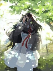 Rule 34 | 2boys, artist name, black footwear, black hair, brown eyes, carrying, chinese clothes, day, eye contact, hair ribbon, headband, highres, lan wangji, long hair, looking at another, male focus, modao zushi, multiple boys, muse (rainforest), outdoors, red ribbon, ribbon, standing, tree, very long hair, wei wuxian, white headband, wide sleeves, yaoi
