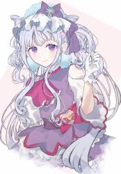 Rule 34 | 1girl, absurdres, amino (li0a4), blush, bow, closed mouth, cure amour, dress, floating hair, gloves, grey background, hair bow, highres, huge filesize, hugtto! precure, long hair, looking at viewer, precure, purple bow, purple dress, purple eyes, red neckwear, sidelocks, silver hair, smile, solo, very long hair, white gloves