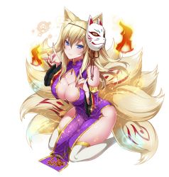 Rule 34 | 1girl, animal ears, blonde hair, blue eyes, breasts, cleavage, detached sleeves, dress, fire, fox ears, fox tail, full body, hizuki akira, kitsune, kyuubi, large breasts, long hair, mask, mask on head, multiple tails, nail polish, original, pelvic curtain, simple background, smile, solo, tail, white background, white legwear